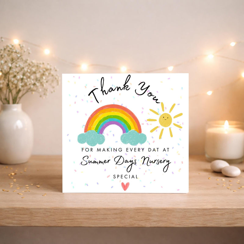 Rainbow Sun Nursery Teacher Thank You Card, Appreciation Greeting (6x6 inches)