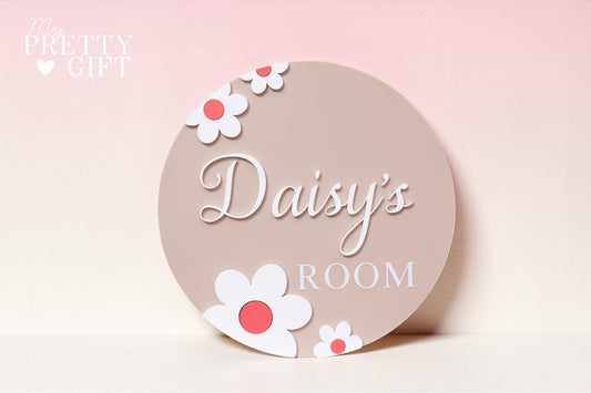 Personalised acrylic kids name plaque for bedrooms or nursery rooms, customised with your child’s name. Available in multiple colour options and ideal as wall decor for nurseries, playrooms, or kids bedrooms. Makes a thoughtful gift for birthdays, baby showers, or new baby presents. Daisy Flower inspired theme