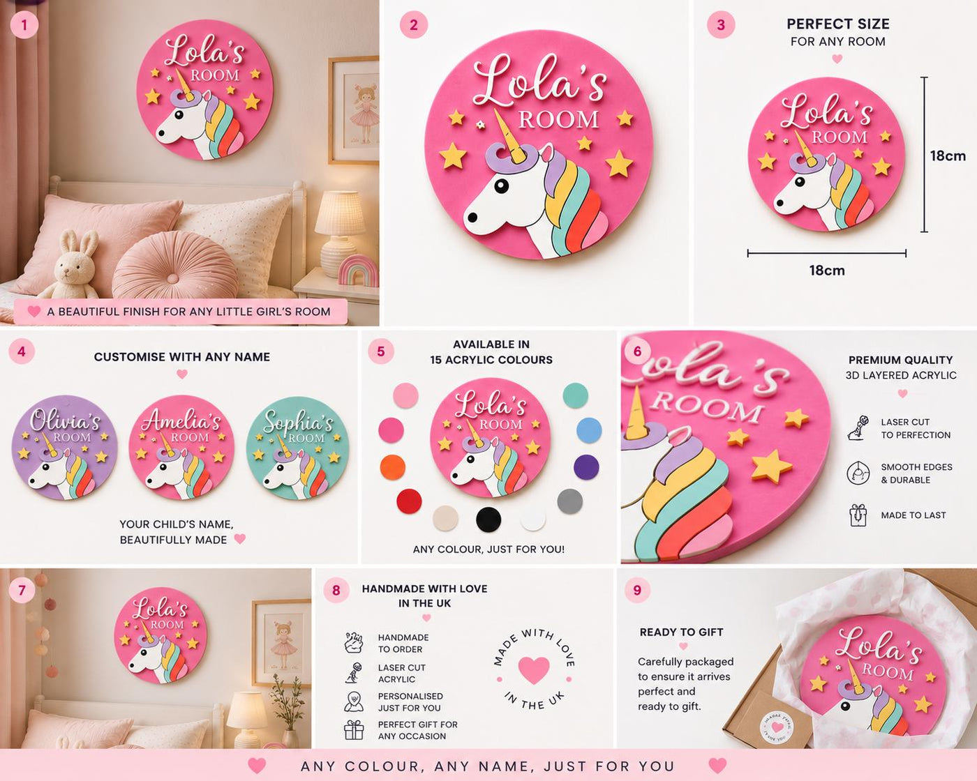 Personalised Unicorn Acrylic Door Sign | Kids Name Wall Art, Nursery Decor. Bedroom Wall Plaque