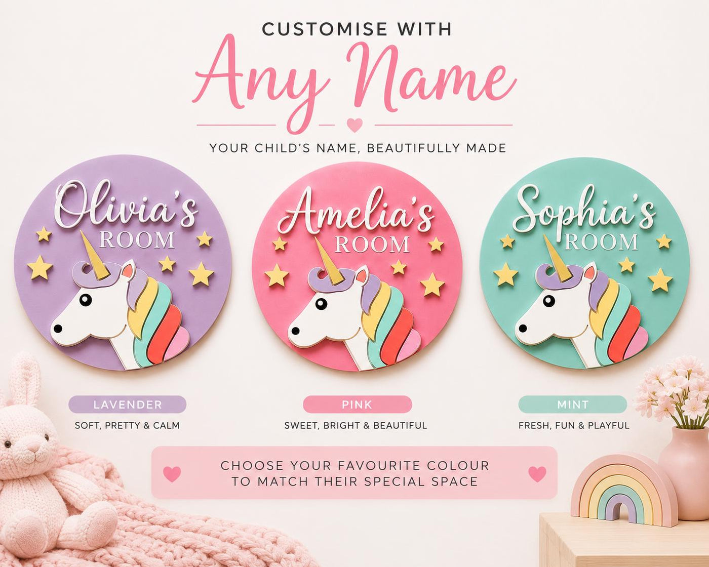 Personalised Unicorn Acrylic Door Sign | Kids Name Wall Art, Nursery Decor. Bedroom Wall Plaque
