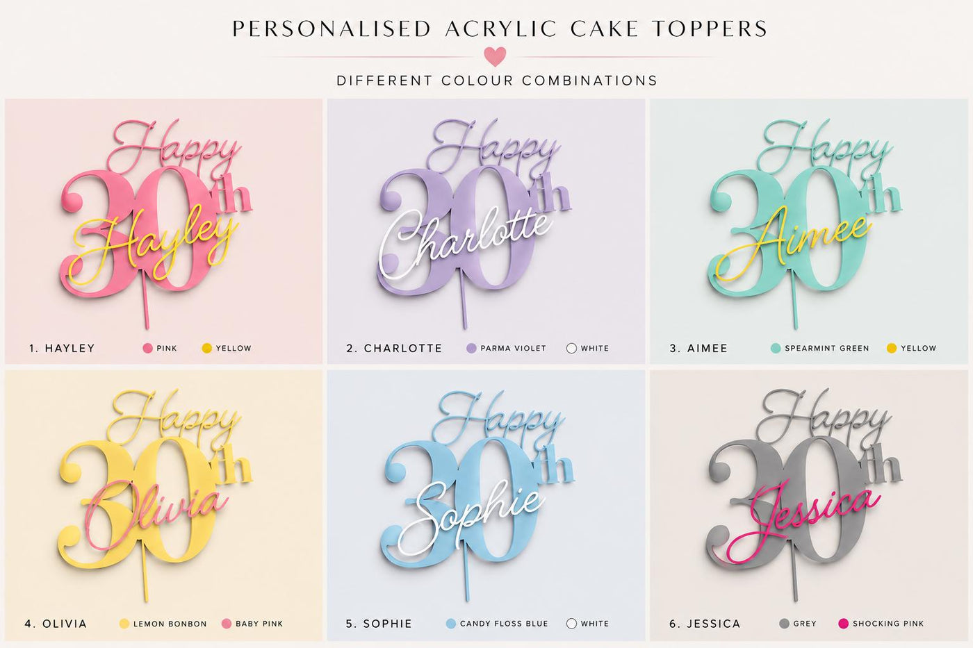 Acrylic Birthday Cake Topper | Customise Name and Number | Lots of Colour Combinations | Happy 30th