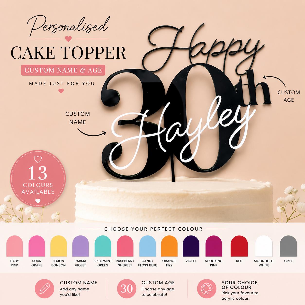 Acrylic Birthday Cake Topper | Customise Name and Number | Lots of Colour Combinations | Happy 30th