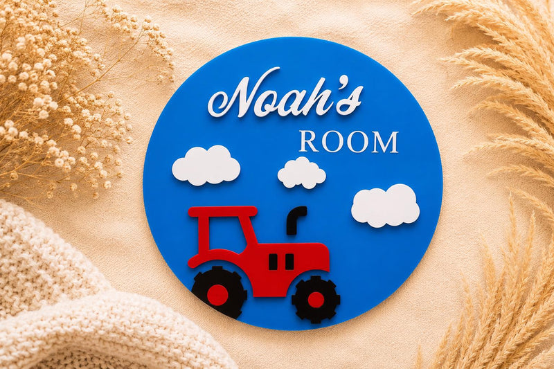 Personalised Tractor Name Sign | Acrylic Kids Room Plaque, Farm Nursery Decor