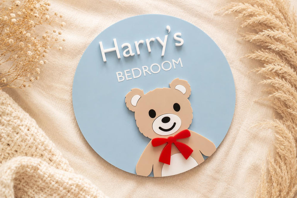 Personalised Teddy Bear Acrylic Name Sign | Kids Bedroom Door Plaque, Nursery Decor