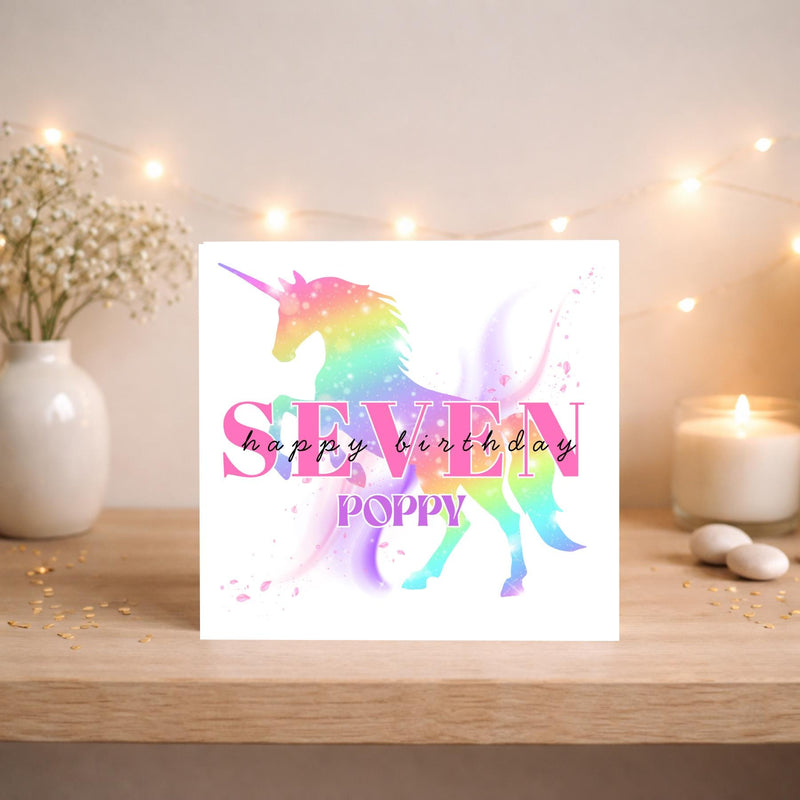 Personalised Rainbow Unicorn Birthday Card – Custom Name, Any Age (6x6 inches)