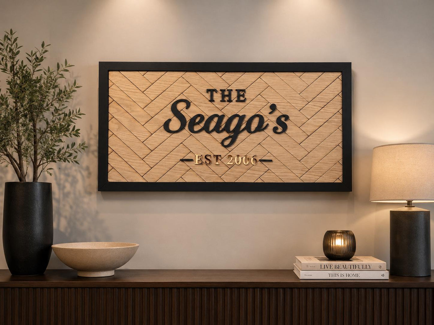Personalised Wooden Family Name Sign | Custom Anniversary, Wedding & Housewarming Gift | Herringbone Wall Plaque