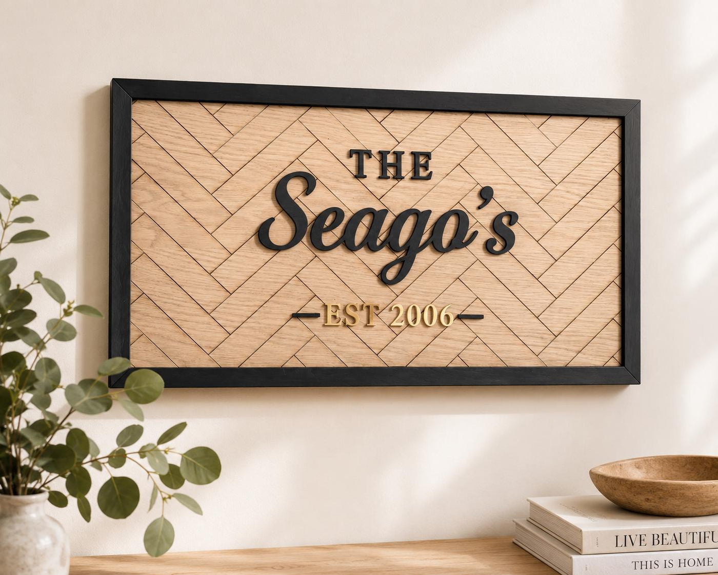 Personalised Wooden Family Name Sign | Custom Anniversary, Wedding & Housewarming Gift | Herringbone Wall Plaque