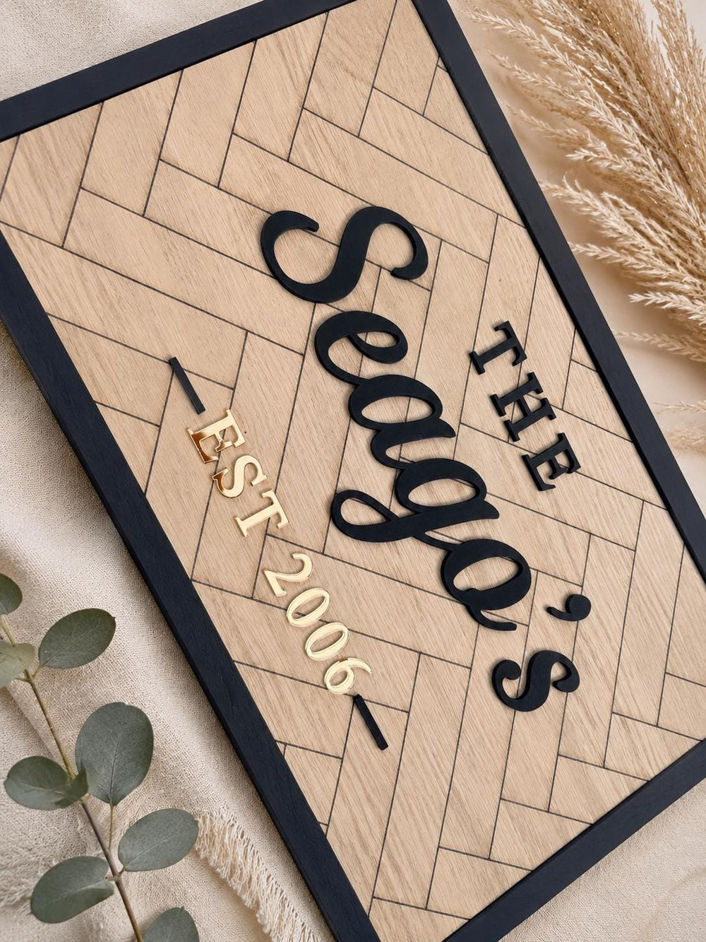 Personalised Wooden Family Name Sign | Custom Anniversary, Wedding & Housewarming Gift | Herringbone Wall Plaque