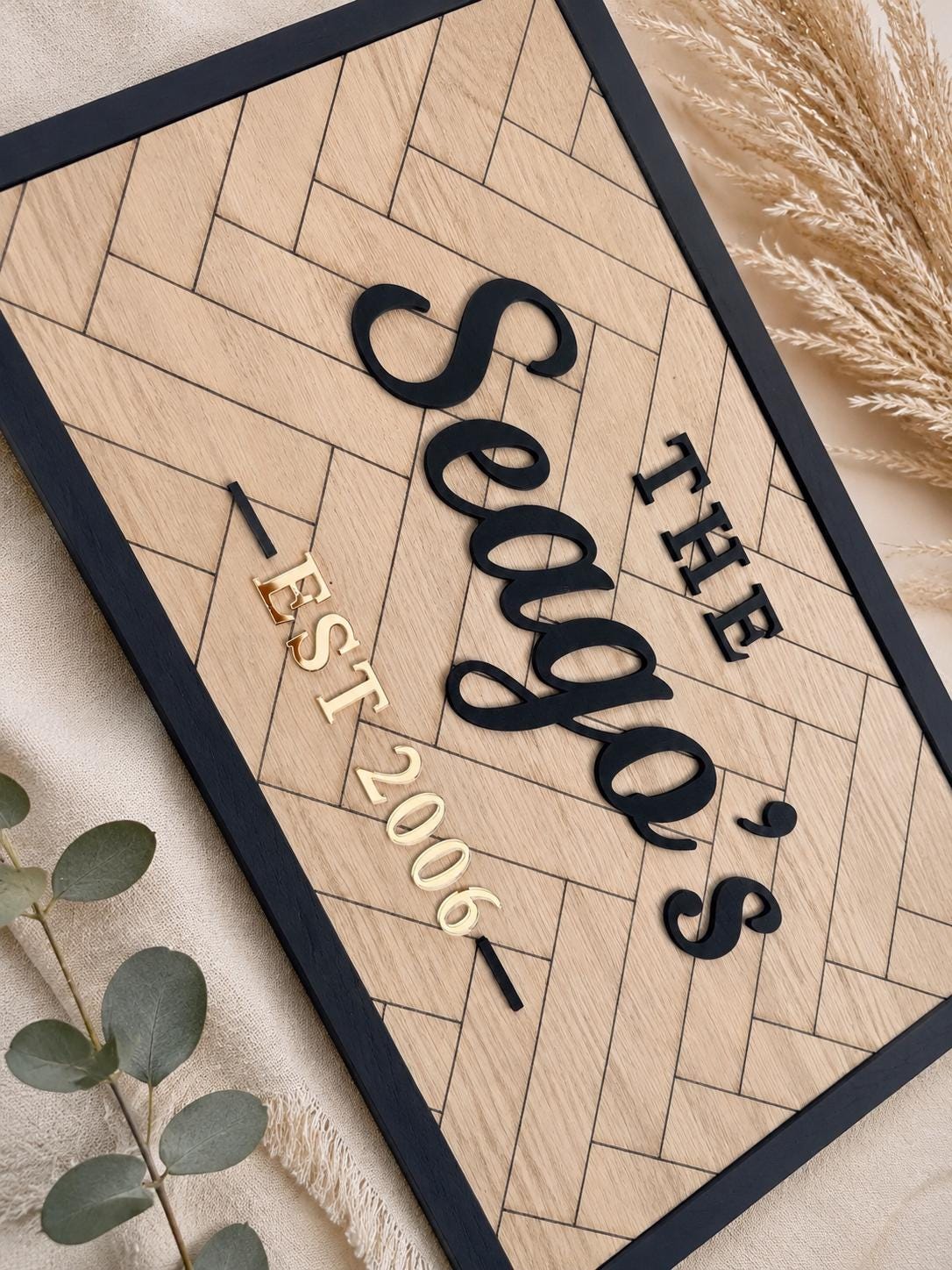 Personalised Wooden Family Name Sign | Custom Anniversary, Wedding & Housewarming Gift | Herringbone Wall Plaque