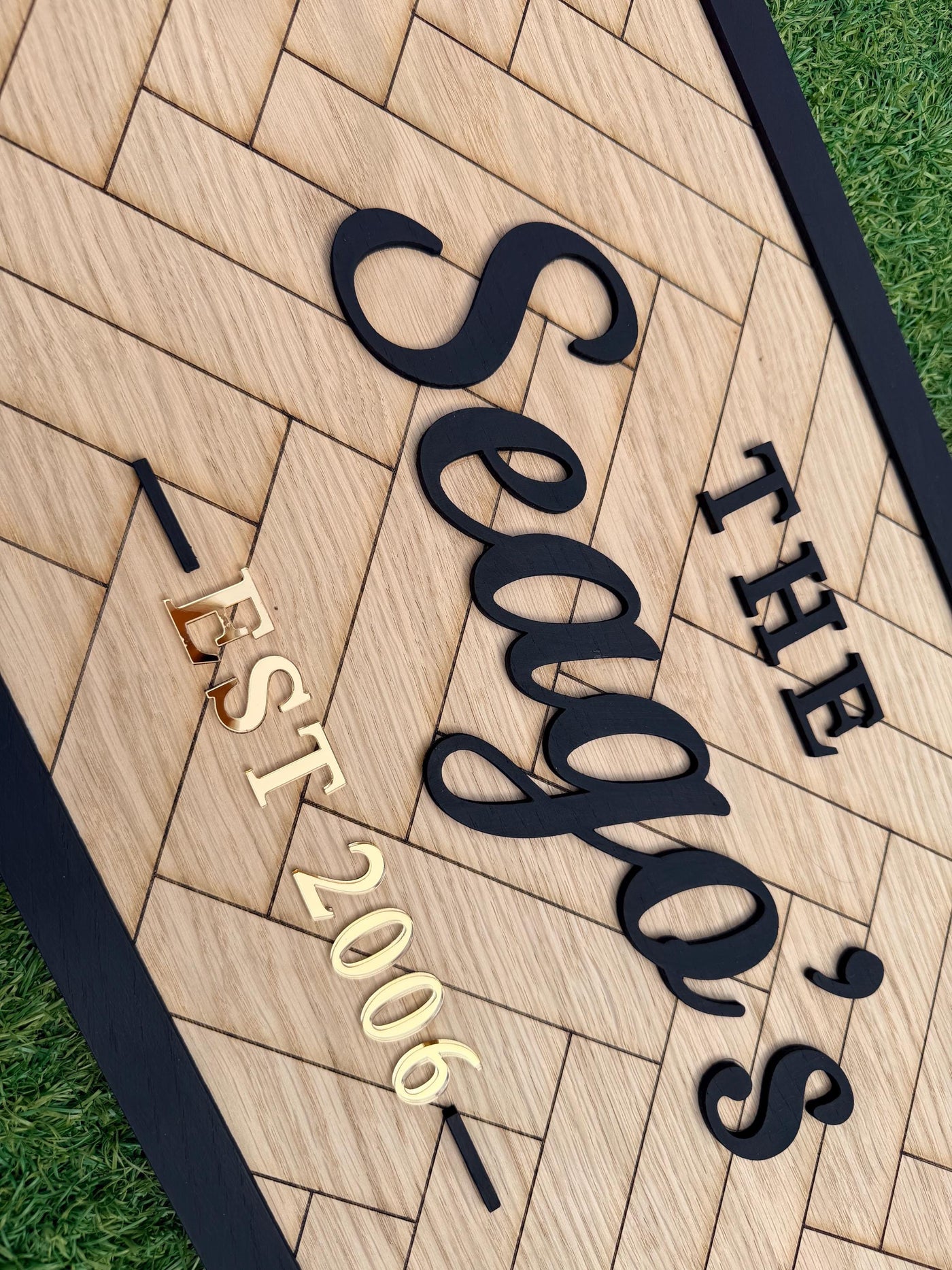 Personalised Wooden Family Name Sign | Custom Anniversary, Wedding & Housewarming Gift | Herringbone Wall Plaque